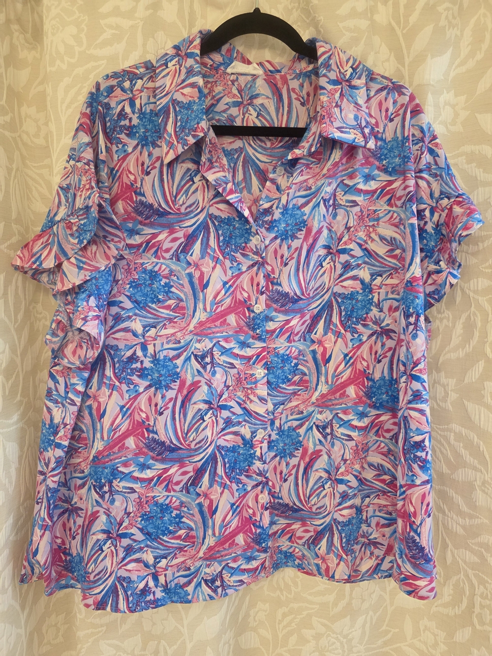 Emily Wonder Size 1X Vibrant Pink & Blue Oversized  Button-Up Blouse